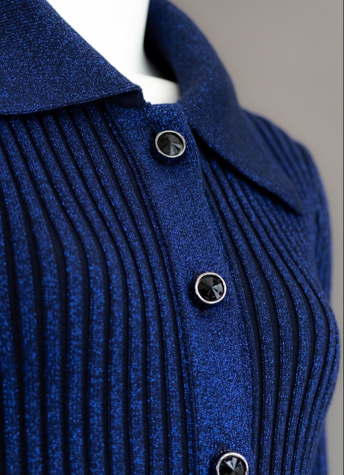 RIBBED KNIT SHORT-SLEEVE SHIRT DRESS WITH DIAMANTÉ BUTTONS - METALLIC BLUE